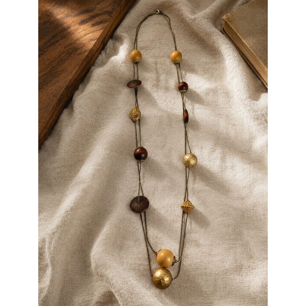 Vintage Boho Wood Bead Necklace Gold Tone Multi Strand Long 32” Statement